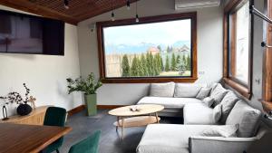 a living room with a couch and a table at Pensiunea SOLEA in Ucea de Jos