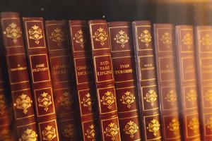 a row of books sitting on a shelf at Kansjerf Gård in Bromary