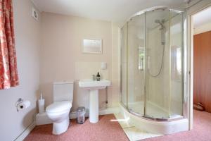 a bathroom with a shower and a toilet and a sink at The Studio in Somerton +20 photos