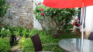 a table with a red umbrella and a cat in a garden at Chambre double 30km de la Tour Eiffel in Saint-Michel-sur-Orge