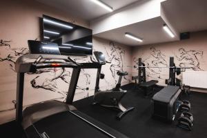 a room with a gym with cardio equipment in it at Focus Hotel Premium Olsztyn in Olsztyn