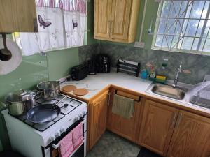 a kitchen with a stove with pots and pans on it at Ocean View Guest Apt in Kingstown