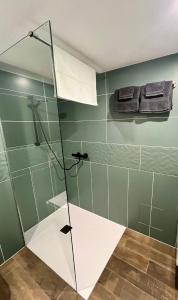 a shower with a glass door in a bathroom at Appartement confortable et accessible in Pelves