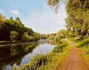 a path next to a river with trees on the side at Appartement confortable et accessible in Pelves