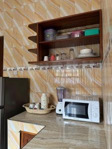 a kitchen counter with a microwave on a counter top at Olive homes in Nkunjila