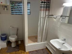 a bathroom with a toilet a sink and a shower at Séjour Caraïbe in Pointe-Noire +8 photos