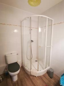a bathroom with a shower with a toilet and a shower at Les racines Bohèmes in Avèze +10 photos
