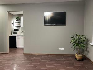 a room with a tv on a wall with a plant at Ludza Comfort Apartment in Ludza