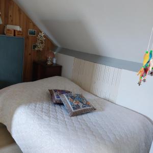 a bed with a pillow on it in a bedroom at Tulipe24 in Savigné-lʼÉvêque
