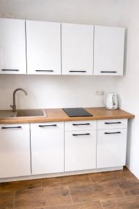 a kitchen with white cabinets and a sink at Willa Alexia in Kudowa-Zdrój