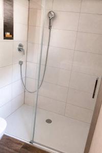 a shower with a glass door in a bathroom at Landhaus Osttirol in Iselsberg +29 photos