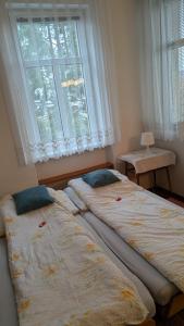 two beds sitting in a room with a window at Pension Central in Ústí nad Labem