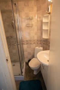 a bathroom with a toilet and a shower and a sink at Chase Base Budget-Friendly Rooms in Tromsø