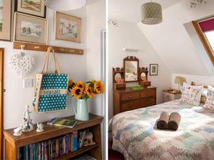 a bedroom with a bed with a vase of sunflowers at 2 Bed in Brecon oc-bn077 in Llandefaelogfâch