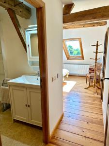 a bathroom with a sink and a mirror at Moulin de Meeffe in Wasseiges +27 photos