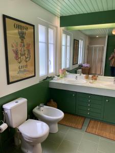 a green bathroom with a toilet and two sinks at La Villa Rose in Blaye +29 photos