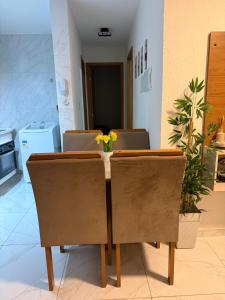 a dining room table with chairs and a vase of flowers on it at Lisboa in João Pessoa +3 photos
