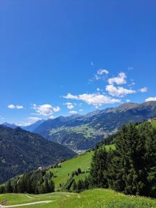 a view of a green hill with mountains in the background at Hof am Berg in Kaunerberg