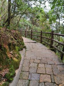 a stone path in front of a wooden fence at Pine Forest Home stay with City View in Shillong