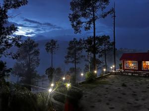 a cabin in the woods at night with lights at Hidden Mountain Resort in Almora