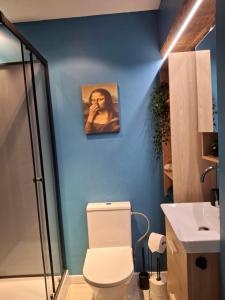 a bathroom with a toilet and a picture on the wall at Cottage en Saule in Port-Launay +17 photos