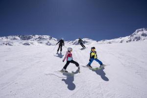 a group of people skiing down a snow covered slope at Apart Fridl in See