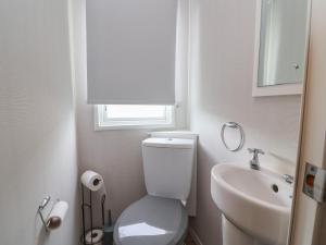 a small bathroom with a toilet and a sink at Caravan CP10 in Prestatyn +10 photos