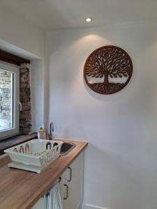 a kitchen with a tree clock on the wall at Cottage en Saule in Port-Launay