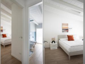 two images of a bedroom with a bed and a bathroom at Maison Bellini number 3 in Toscolano Maderno +49 photos