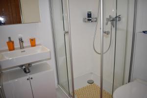 a bathroom with a shower and a sink at Ferienwohnung Caluna in Lenz +12 photos