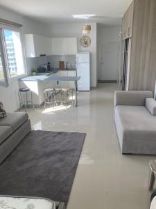 a living room with a couch and a kitchen at Hotel apartment studio in Dherinia