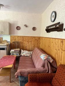 a living room with a couch and a clock on the wall at Garabuczi Apartman in Keszthely +22 photos
