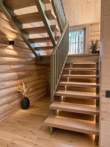 a staircase in a house with wooden walls at Liedaga 24 in Tūja