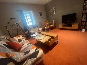 a living room with a couch and a television at Charming Apartment with Jacuzzi Bathtub in La Chaux-de-Fonds