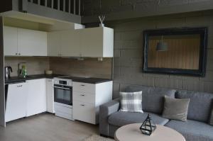 a living room with a couch and a kitchen at 14 - Fulufjellets national parks-This is the place where Norway and Sweden meet in a large protected area for animals and nature in Trysil
