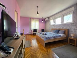 a bedroom with a bed and a flat screen tv at Apartman Gloria Sajam - Senjačka pijaca in Senjak (historical)