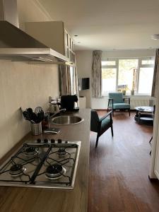 a kitchen with a stove top oven in a room at Wellness in de NATUUR in Neede