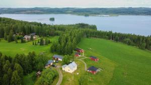 an aerial view of a house on a field next to a lake at Itärajan Helmi in Tohmajärvi