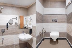 two pictures of a bathroom with a toilet and a sink at Super Townhouse Oak Arvindo Park Indira Nagar Formerly Rama Inn in Vibhuti Khand +41 photos