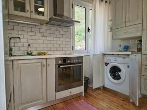 a kitchen with a sink and a washing machine at Peonia Flower House in Asprogerakata