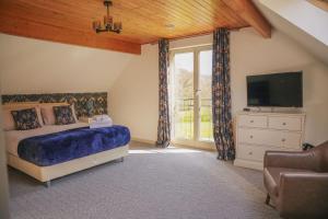a bedroom with a bed and a tv and a window at Maple in Knighton