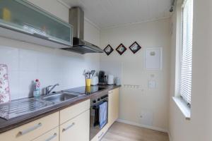 a kitchen with a sink and a stove at Hundeparadies "Bodden Paradise Cottage" in Pruchten