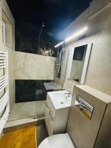 a bathroom with a white toilet and a sink at BGD Residence in Galaţi