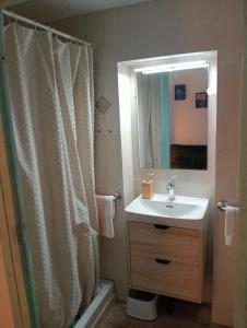 a bathroom with a sink and a shower curtain at Ca la Carme in Villalba dels Arcs