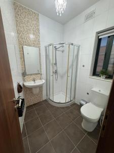 a bathroom with a shower and a toilet and a sink at Tommy's Retreat Xewkija in Xewkija