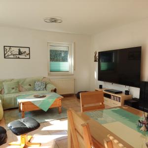 a living room with a large flat screen tv at Haus Amsel am Heeder See in Heede