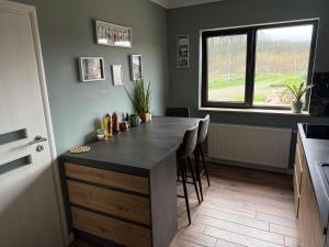 a kitchen with a island with a counter and a window at Pensiunea Pelicanilor in Ghermăneşti