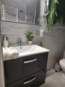a bathroom with a black and white sink and a toilet at Luxy Room in Courseulles-sur-Mer +36 photos