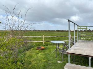 a table and chairs sitting on top of a field at Swedish Rustic Cabin perfect for bird watching in Emsworth +16 photos