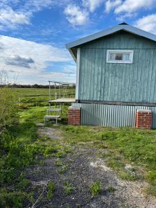 a green building with a bench next to a field at Swedish Rustic Cabin perfect for bird watching in Emsworth